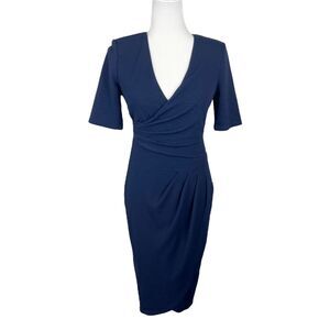Adrianna Papell Tulip Navy Dress Women 0 Blue Short Sleeve Surplice V-Neck